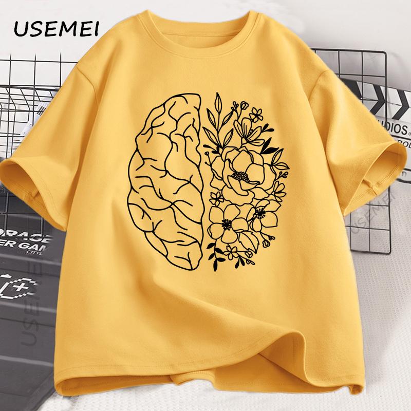 Floral Brain Anatomy T Shirt Unisextal Health TShirt Nurse Nursing School Tshirt Brain Flowers Printed Cotton Short Sleeve Tees