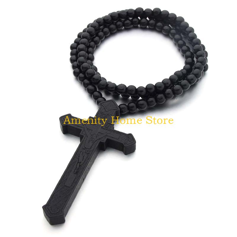 F26C Catholic for Cross Necklace with Wooden Beads Rosary Religious Wear Jesus Carved Crucifix Pendant Chain Christian Prayer