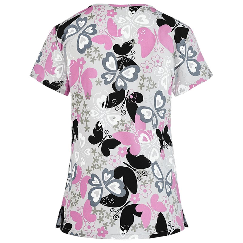 Uniforme d'infirmière Femmes Manches Courtes Hauts Col en V Uniforme de Travail Haut de Blouse Médicale Dames Soins Infirmiers