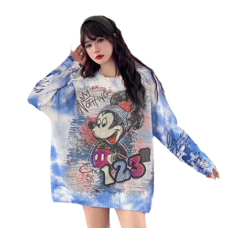 Korean Oversized Mid-Length Cartoon Tie-Dye Sweater for Trendy Girls