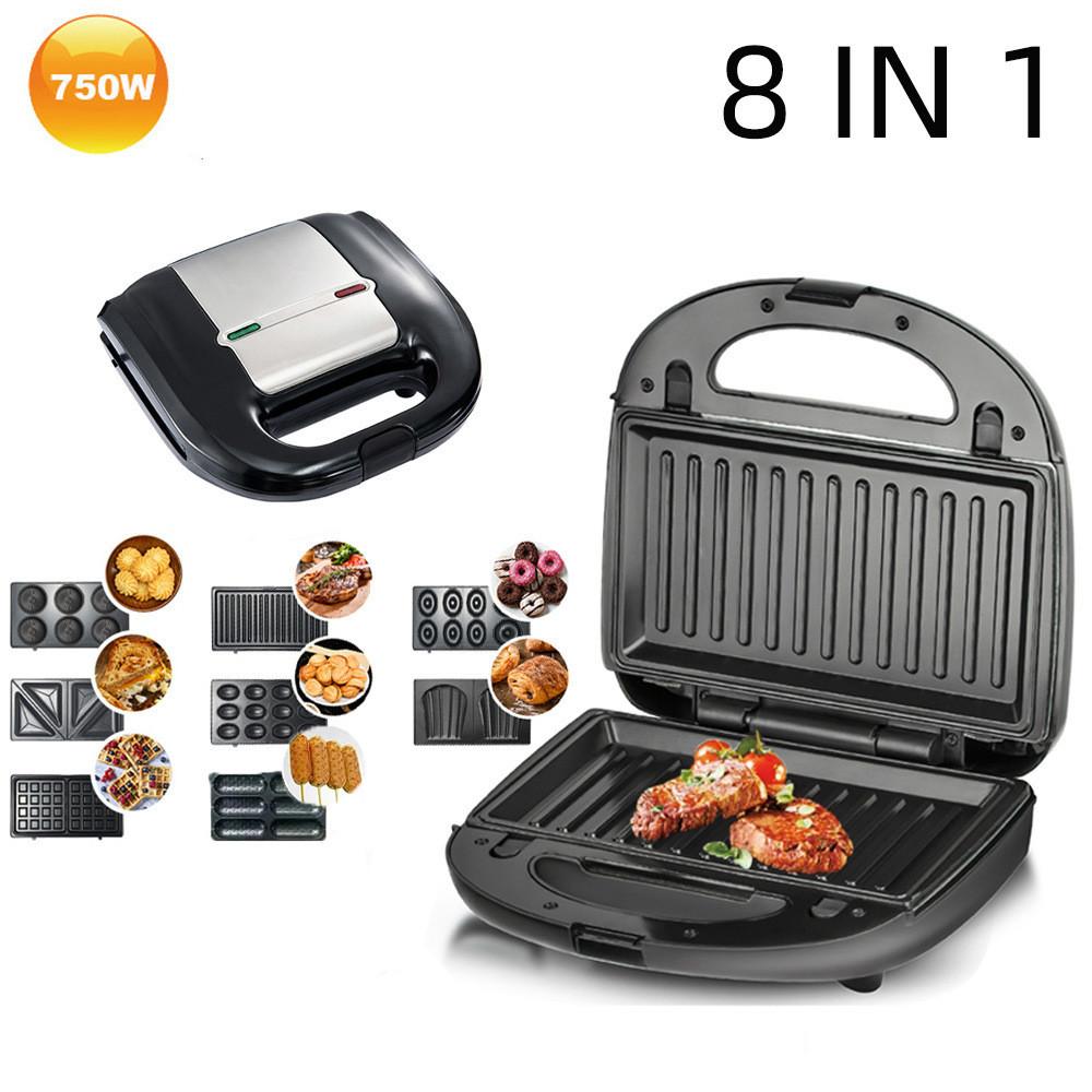 750W 8-i-1 Elektrisk Smørbrødmaskin Husholdnings Multifunksjonell Vaffeljern Kjøkkenprosessering Frokostmaskin