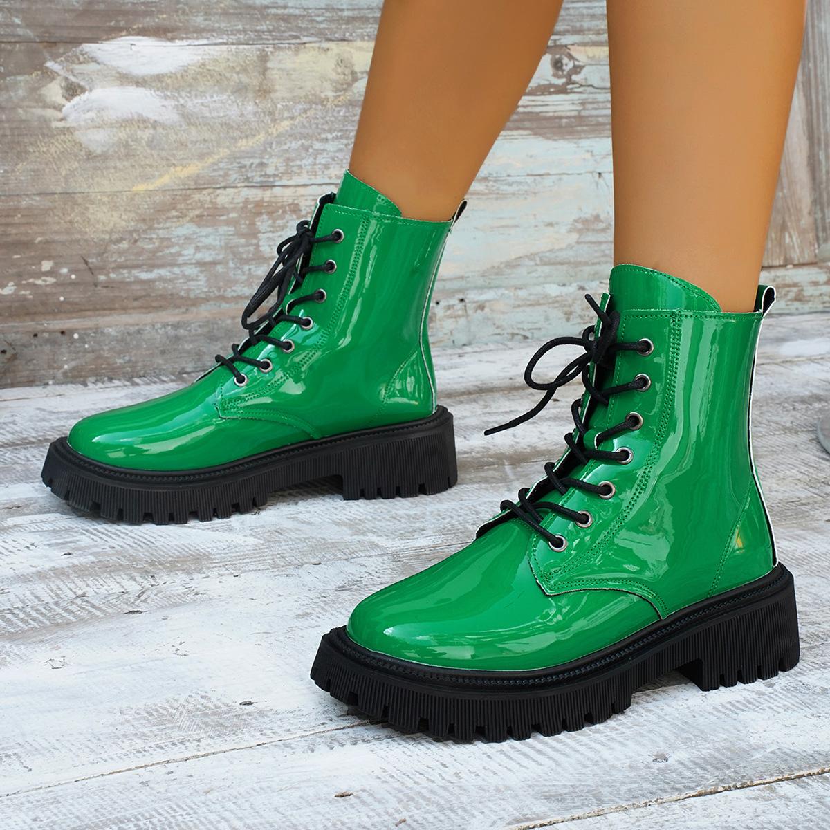 

Новые женские блестящие лакированные кожаные короткие ботинки, зимние европейские и американские модные нескользящие прочные ботинки для банкета, путешествий, повседневной обуви 35 зелёный