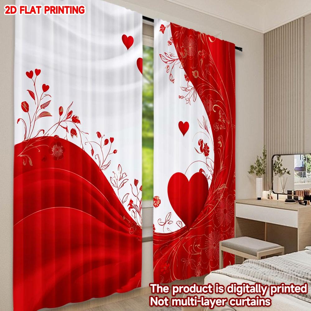 Set Of 2 Flat Printing Happy Valentine Day Curtain Romantic Hearts Digital Printed Polyester Drapes Festive Wall Decor Art