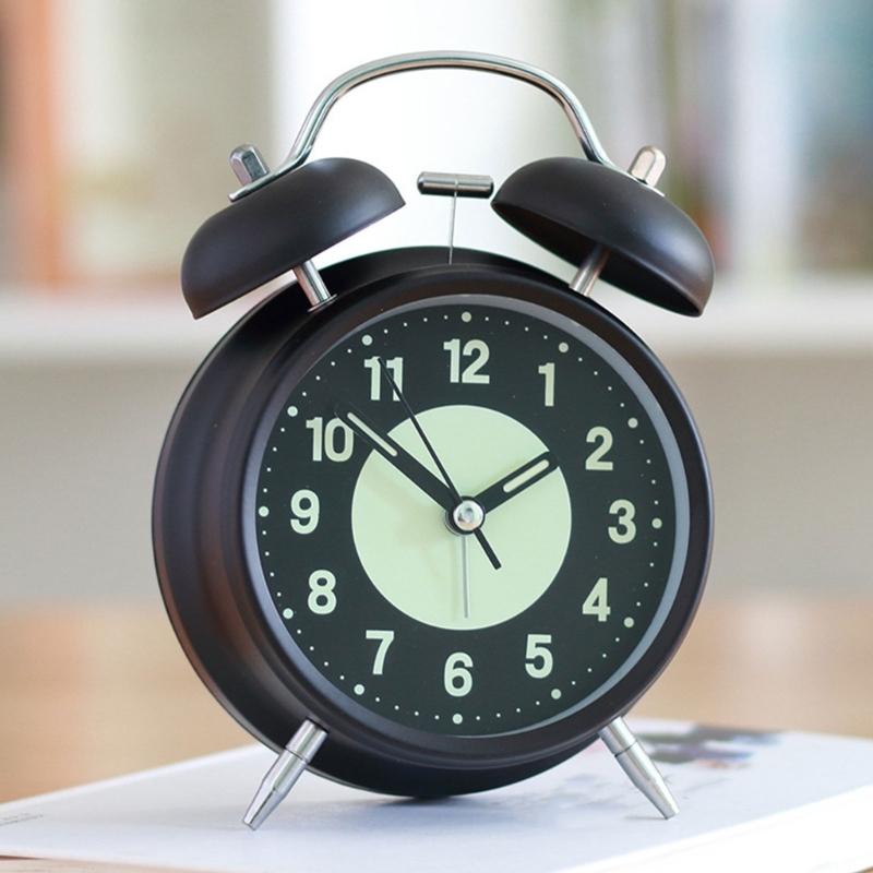 Classical Double Bells Metal Alarm Clock Quiet Nonticking Bright Night Lamp Dials Bedroom Clock for Heavy Sleepers