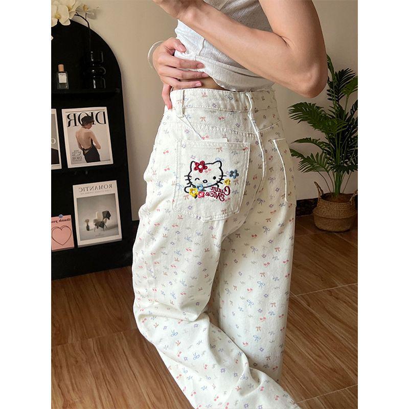 

Off-White Cartoon Cat & Floral Print Denim Jeans for Women - High Waist, Straight Wide Leg. M (suggested 49-54 kg)