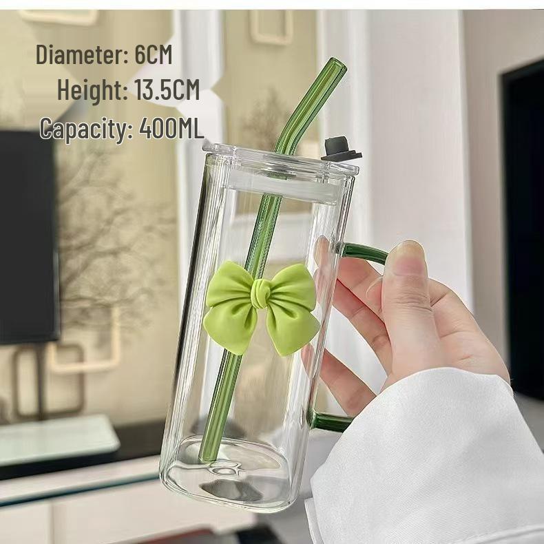 INS Stil Schmetterlingsbecher: Hohes Borosilikatglas, Transparentes quadratisches Design mit Griff & Strohhalm, Temperaturbeständig für Frauen.