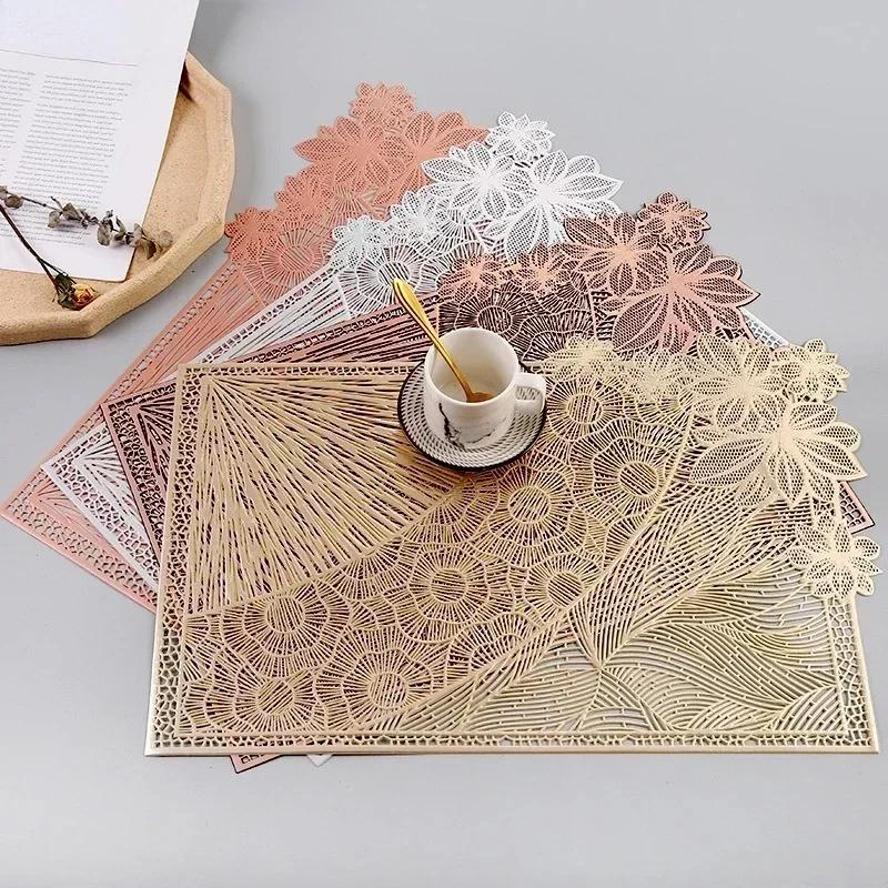 Rectangular Hollow Flower And Leaf Pattern PVC Dining Mat Light Luxury Home Kitchen And Restaurant Tabletop Decoration Products