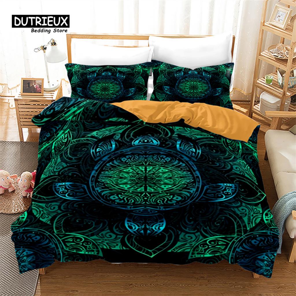 Exotic Turtle Duvet Cover Full King Microfiber Kawaii Sea Animal Comforter Cover Bohemia Tattoo Style Ocean Theme Bedding Set
