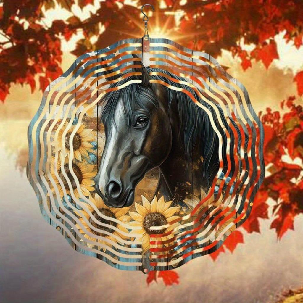 Metal Wind Chime 2D Horse Design with Sunflowers Autumn Leaves for Outdoor Garden Decor No Power Needed Horse Lover Gift