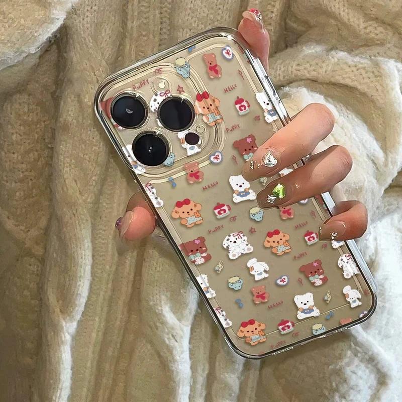 Cute Kawaii Cartoon Bear Puppy Clear Phone Case, Soft Pastel Aesthetic Shockproof Protective Cover for iPhone