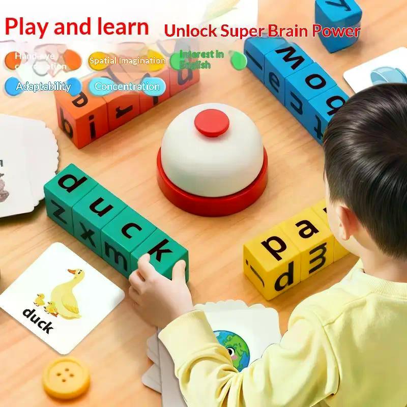 1 Set Buchstabierwürfel Lernkarten mit Klingel Tischspiel Englisches Wortbildungsspiel Puzzle Spielzeug Lernhilfen für die frühe Kindheit