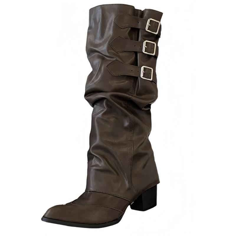 Two Belt Buckle Long Tube But Knee Long Boots Punk Pointed Western Cowboy Boots Retro Tall Knight Boots