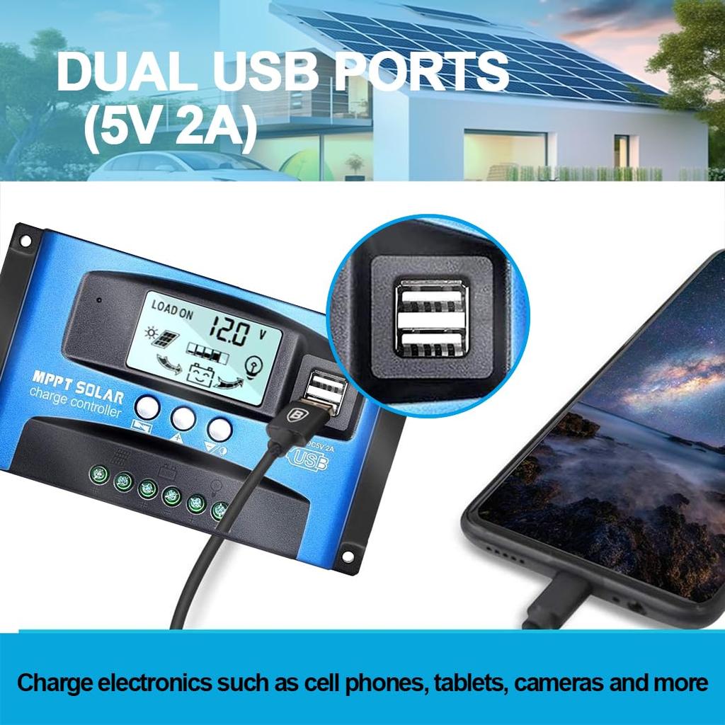 Y&H 60A MPPT Solar Charge Controller 12V/24V Solar Controller with Dual USB, LCD Display, Multiple Protection Functions, Solar Panel Charging, Compati