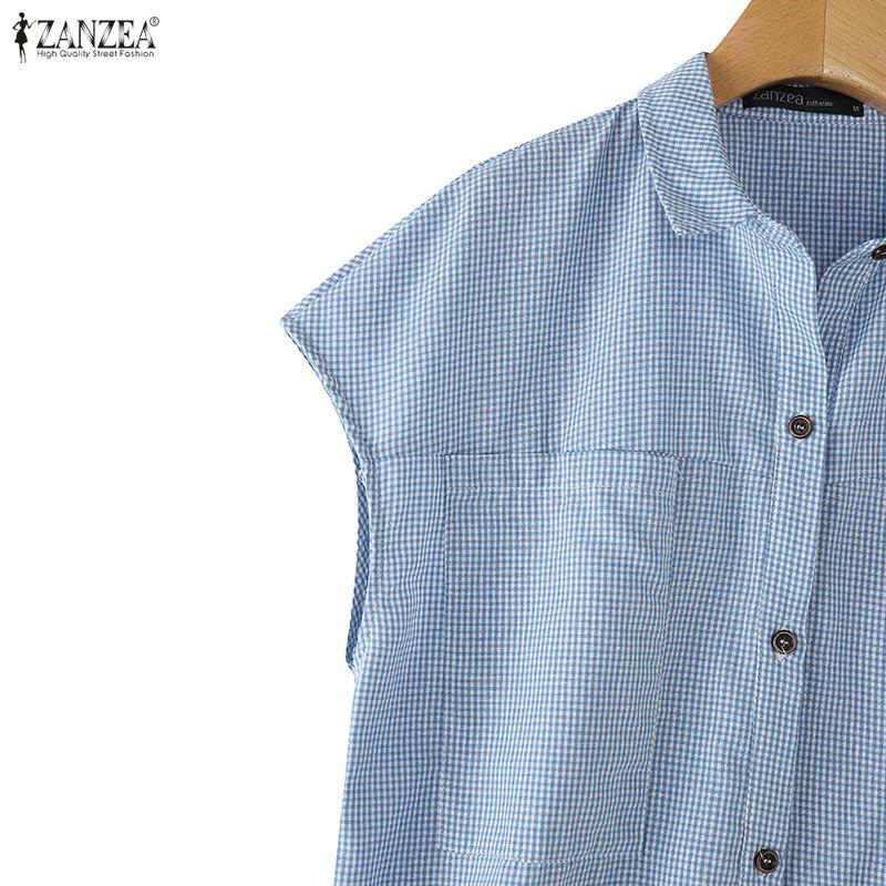 ZANZEA Women Casual Turn Down Collar Loose Short Sleeve Plaid Blouse