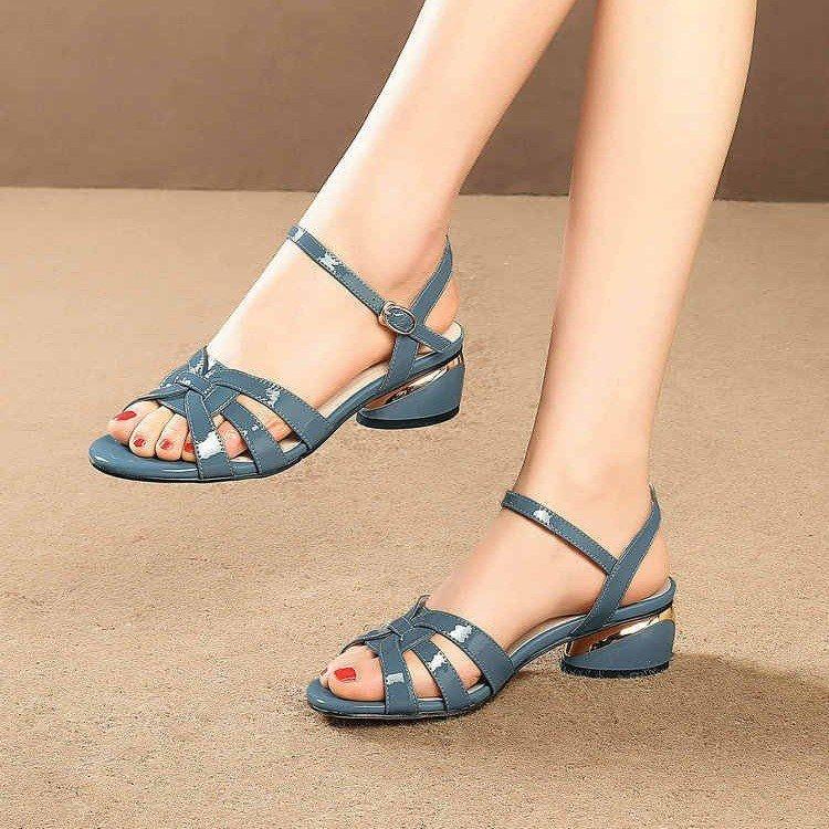 Scarpe da Donna per Uscita Estiva Moda Tacco Spesso Bocca di Pesce Donna di Mezza Età Tacco Medio Suola Morbida