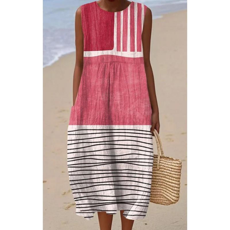Summer new sleeveless pocket casual printing temperament long dress dress slim dress