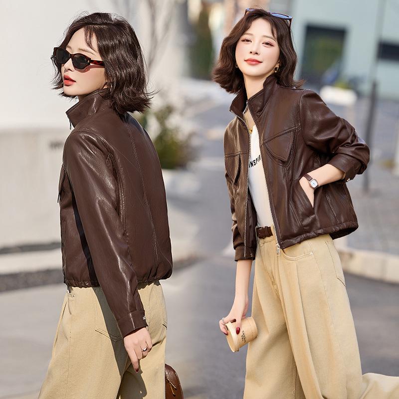 

Женская куртка из искусственной кожи высокого класса - Весна/Осень 2025, Универсальный повседневный топ, Маленький размер (ZH1178) XXL 65-70 kg вино красного