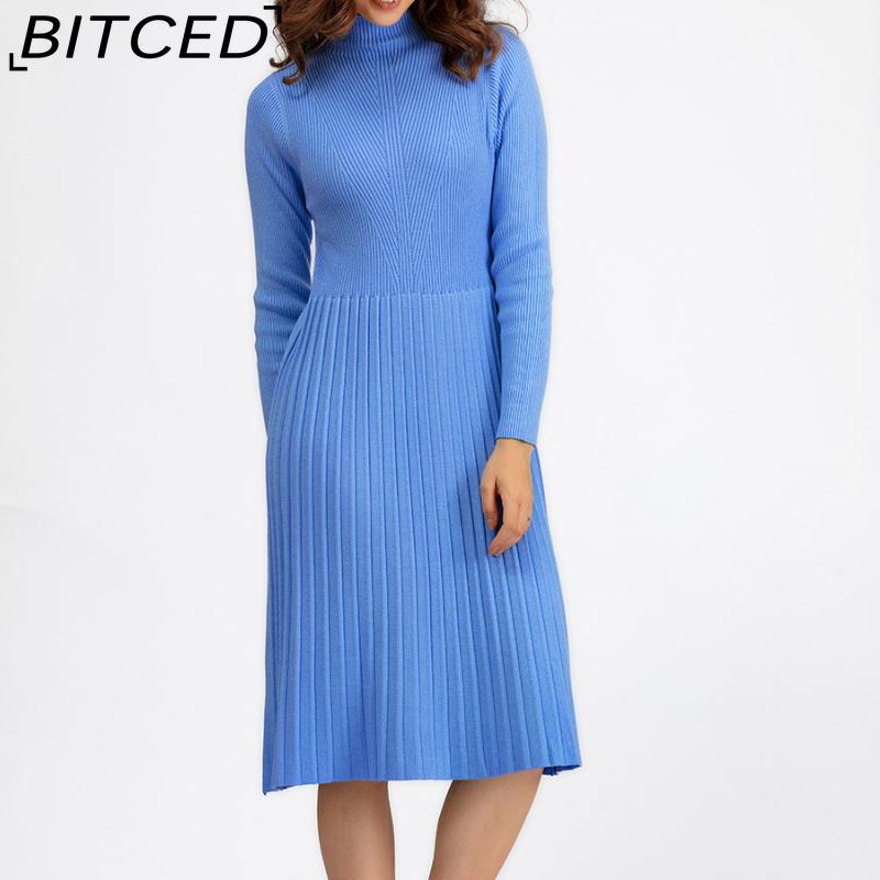 BITCED Women's Autumn Winter Plain Knitted Turtleneck Long Sleeve High Waist Sweater Dress
