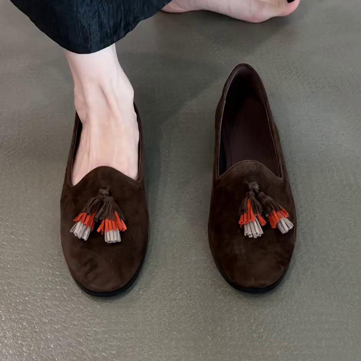 

Sheepskin version~ Small single shoes for summer wear, fringed decorative round head soft sole, versatile, comfortable and simple retro style single s 35 коричневий