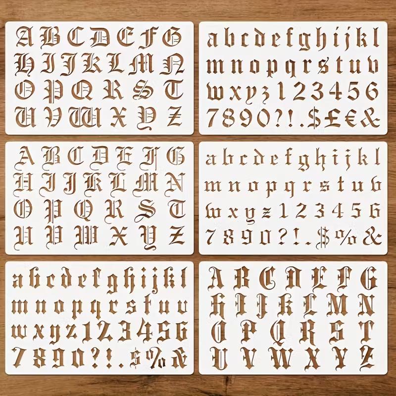 

Gothic Calligraphy Stencil, 6-Pack Reusable Old English Letter Number Template for DIY Painting, Craft, Scrapbooking белый