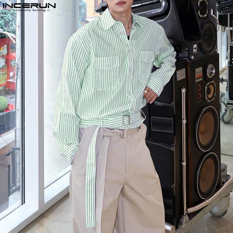 INCERUN Oversized Men Lapel Neck Long Sleeve Striped Print Belt Casual Shirts Tops