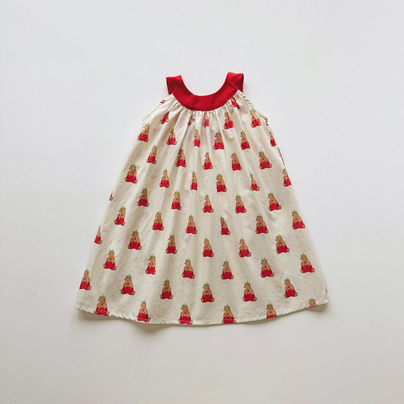 Girls Summer Cartoon Print Spaghetti Strap Princess Dress Sleeveless Backless Children Sundress 90cm