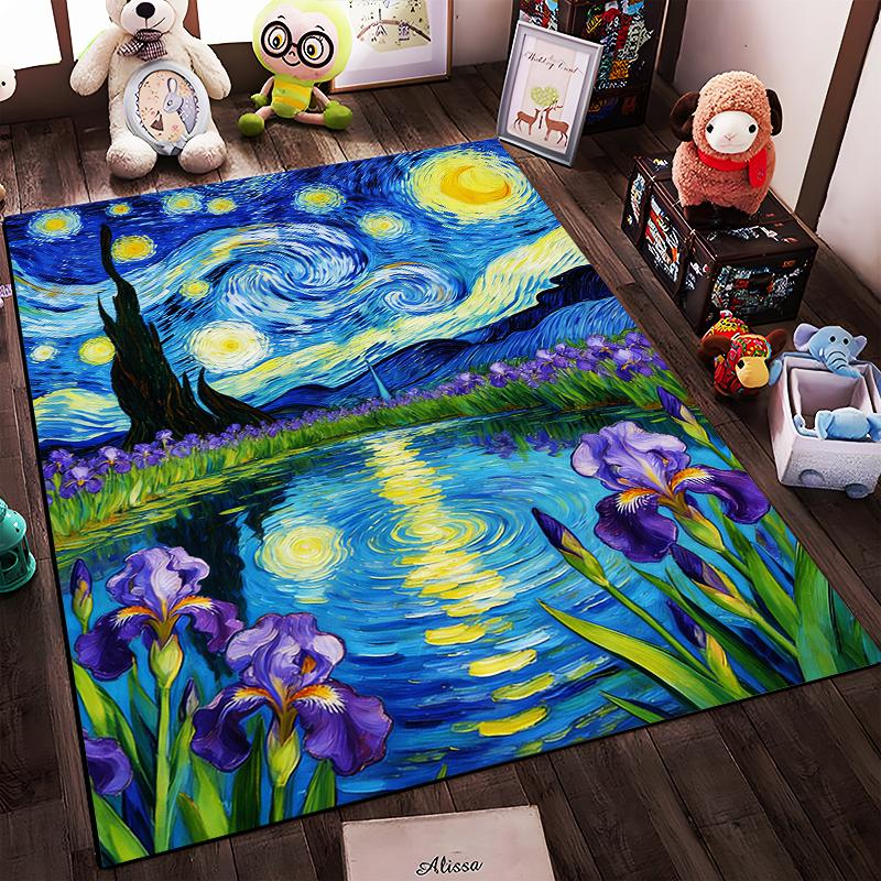 "Starry Night-Inspired Carpet with Purple Irises and Lake Scene" Suitable for use as an anti-slip for living room bedroom sofas