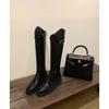Cowhide Leather Slant Boots Buckle Thick Heel High Knight Boots Women's Boots