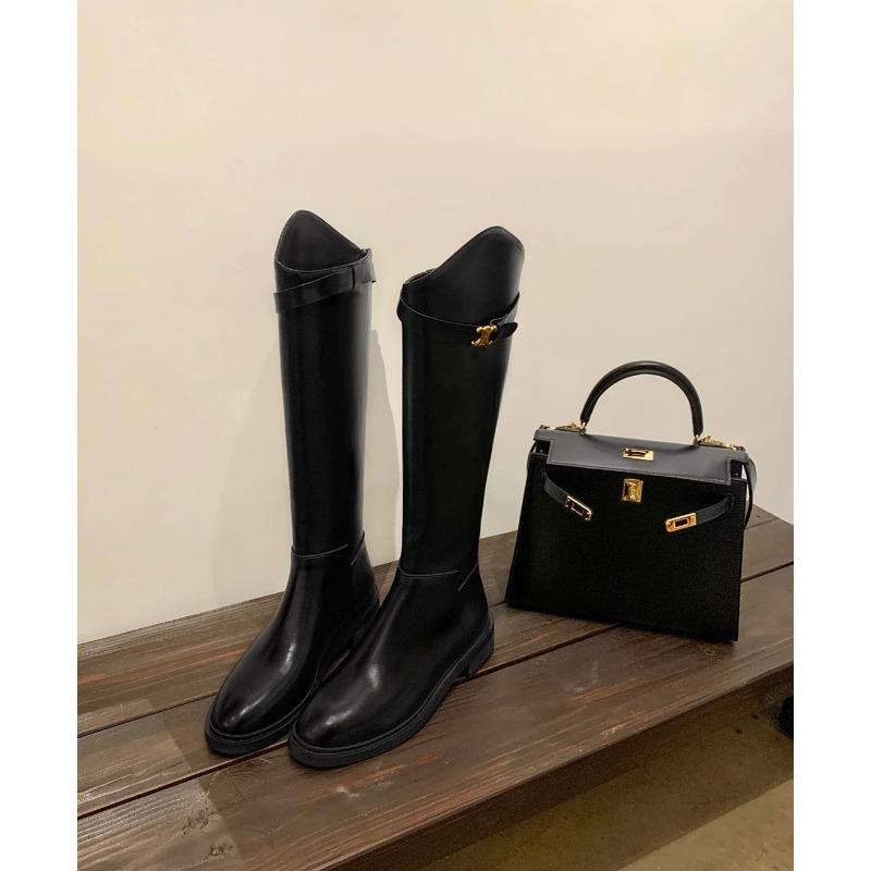 Cowhide Leather Slant Boots Buckle Thick Heel High Knight Boots Women's Boots