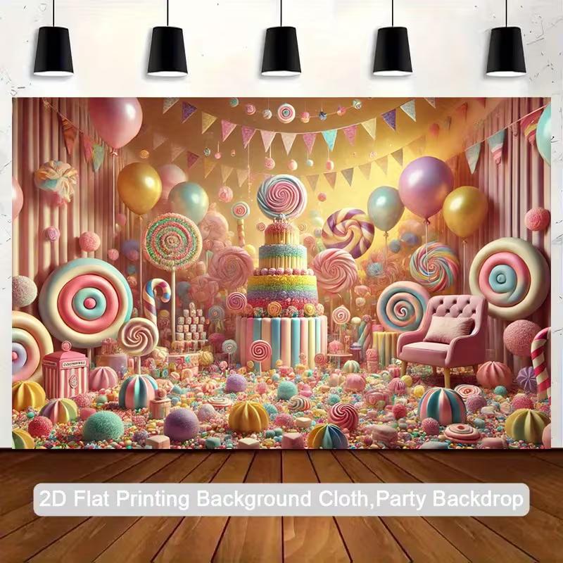 2D Flat Printing Candy Themed Backdrop with Giant Lollipops for Birthday and Baby Shower