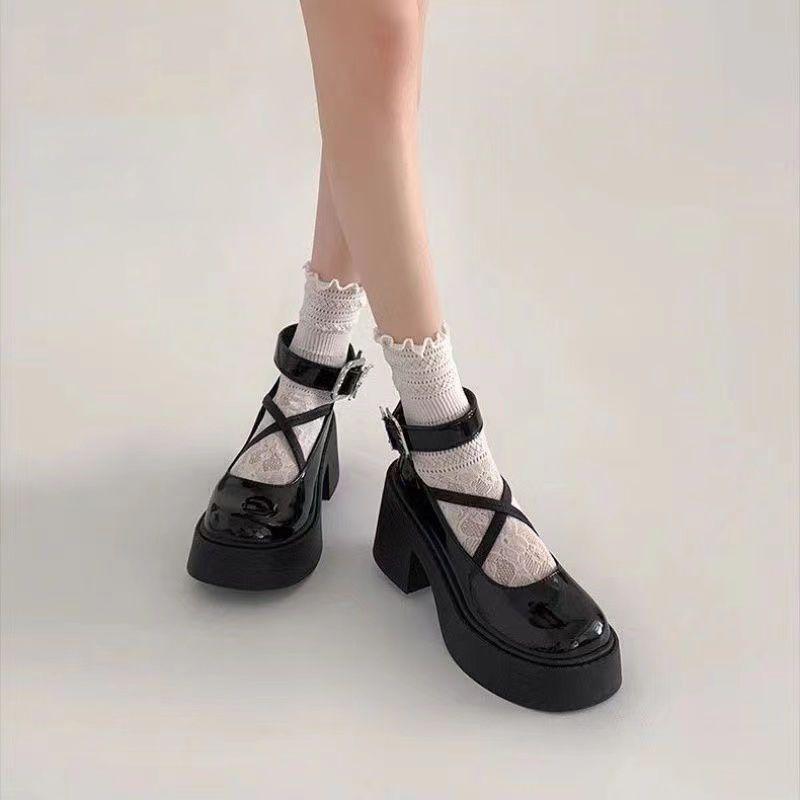 Black Thick Heel Platform Small Leather Shoes Women's Summer 2025 New French Mary Jane Shoes Versatile Small High Heels
