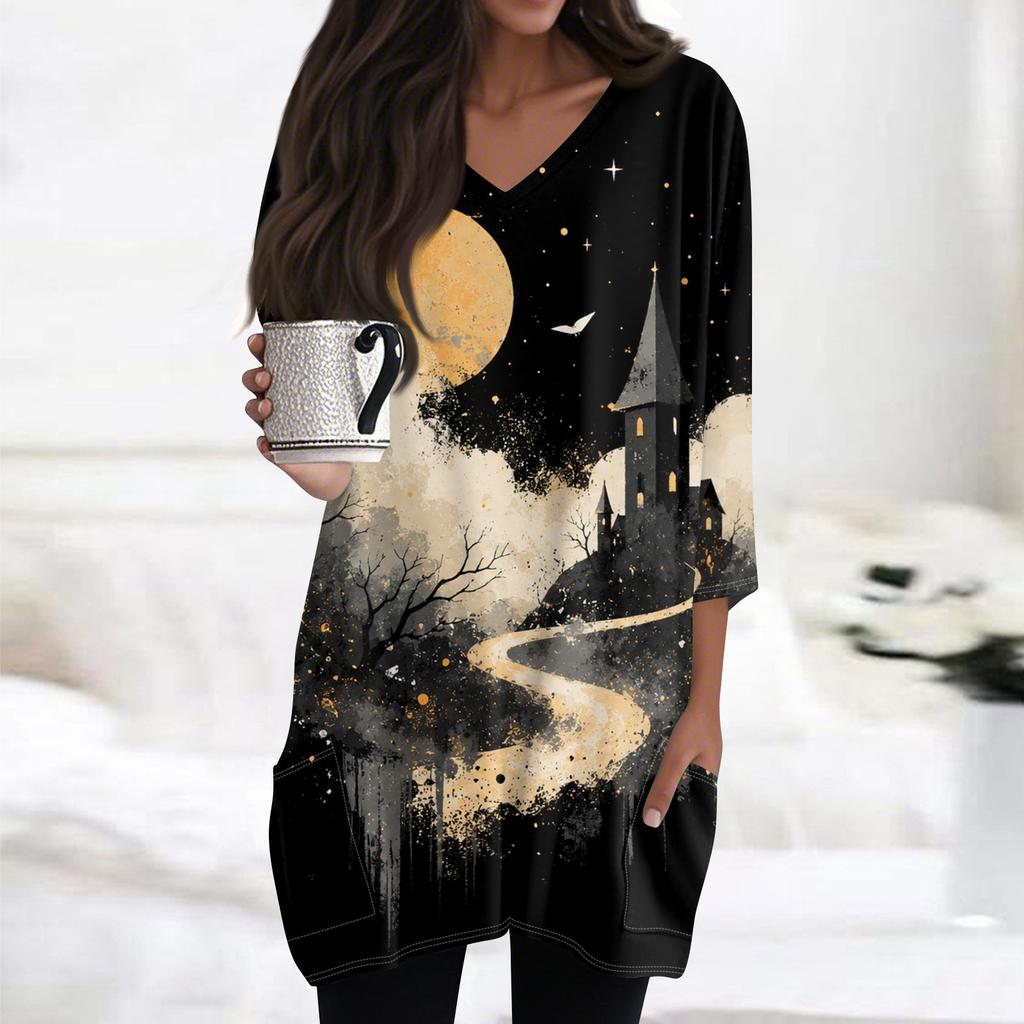Women's Casual Halloween Print V Neck Tunic Top 3/4 Sleeve Mid Length with Pockets Lightweight Soft Fabric Relaxed Fit