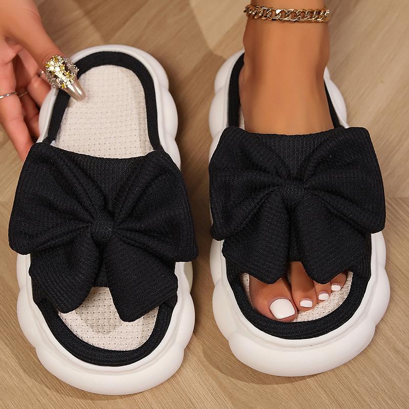 Fashion Fashion White Bowknot Home Slippers for Women Open Toe Thick Soft Sole Platform Shoes Woman Comfort Indoor House Linen Slippers