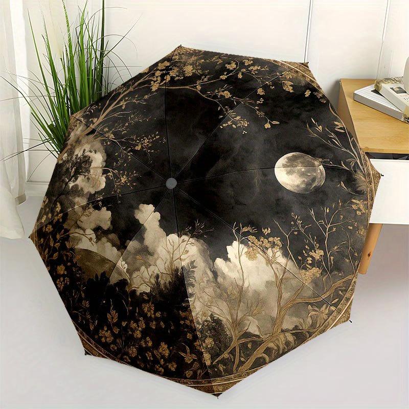 Full Moonlit Garden: A Serene Circular Wall Mural Umbrella, Cute Umbrella with Cute Design, Portable 3-Fold Compact Umbrella for Men & Women, Valentin
