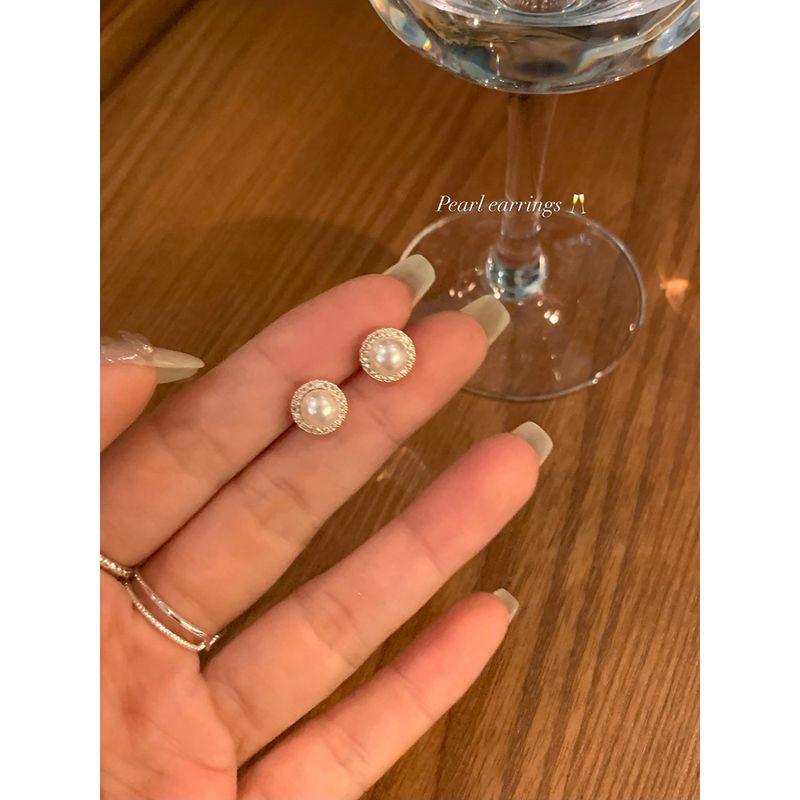 

Niche Style Pearl Zircon Fancy Earrings Female Peach Tea Pair of 925 silver needles