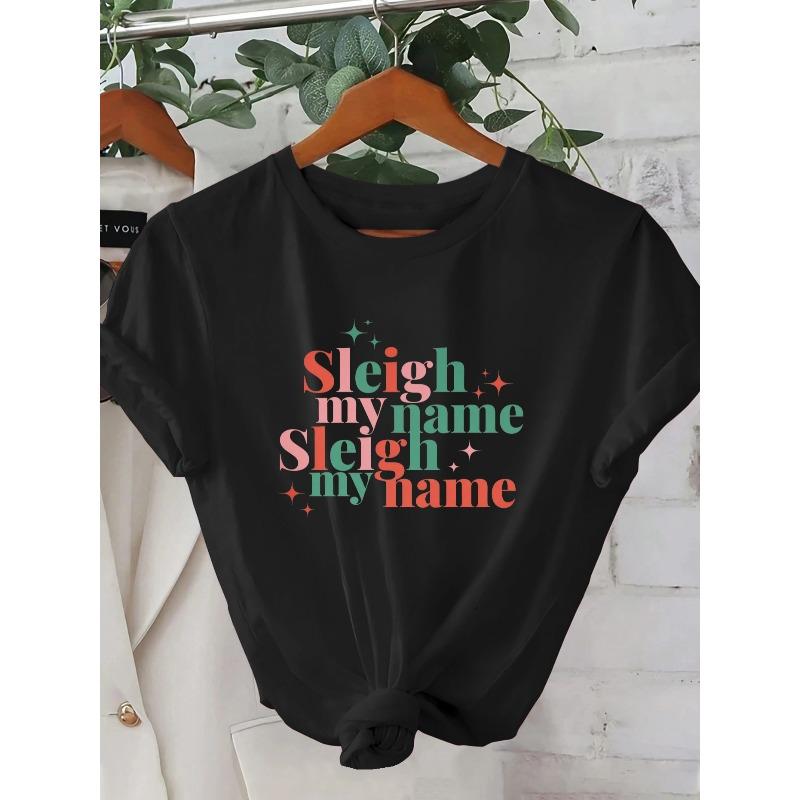 

Women S Summer Short Sleeve T-Shirt – Geometric Sleigh my name Fun Print Design, Casual Crew Neck, Cute Shirt for Everyday Wear, Trendy Streetwear 4XL