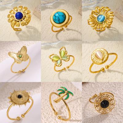 Stainless Steel Tiny Butterfly Opening Rings Women Vintage Turquoise Geometric Flower Anillos Gold Color Jewelry Christmas Gift