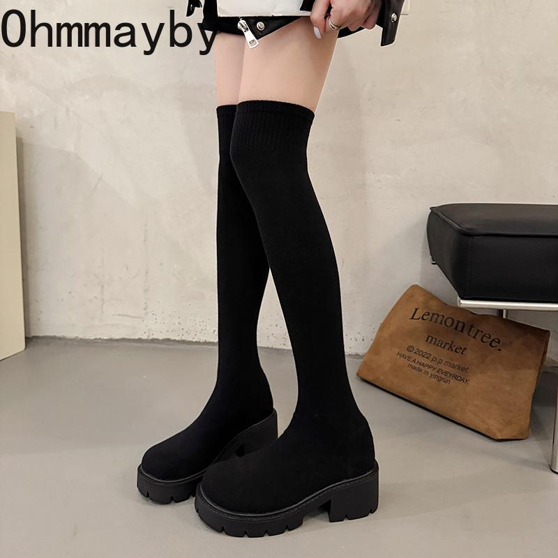 Winter Fashion Stretch Fabric Women Over The Knee Sock Boots Street Style Thick Heel Party Stripper Female Silm Long Booties