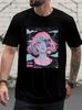 Cyberpunk Girl Graphic Print Short Sleeve T-shirt - Light Grey Regular Fit Round Neck Tee with Vibrant Pink & Blue Artwork