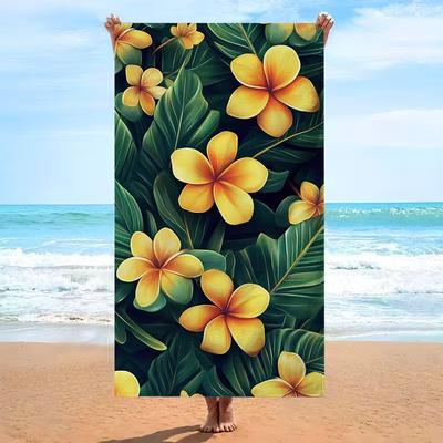 Vibrant Green Leaf Plumeria Beach Towel Sand Free Quick Dry Blanket Yellow Frangipani Tropical Print Travel Towel