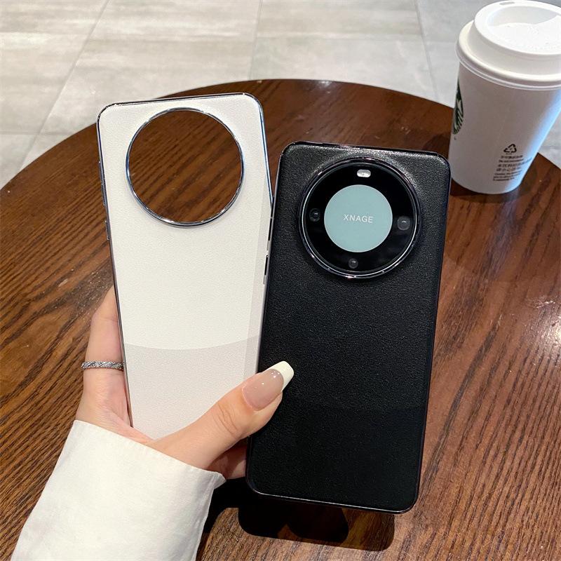 Applicable To Huawei Mate60Pro + Electroplated Contrasting Color Plain Leather Mobile Phone Case Mate60 Metal Lens Ring Protective Case