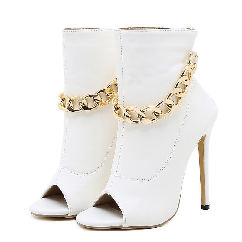 High Quality White Leather Basic Boots Women Ankle Sandals Fashion Metal Chain Design Thin Heels Pumps Peep Toe Zip Shoes