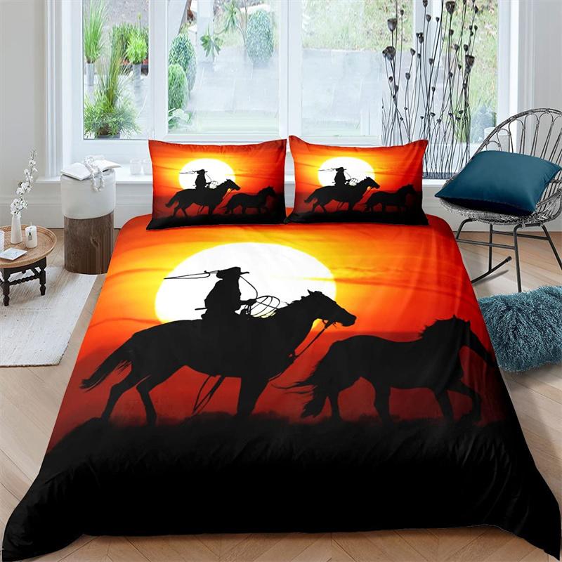 Western Cowboy Duvet Cover Rodeo Cowboy Riding Bull Horse Bedding Set Full For Boys Teen Microfiber Farmhouse Style Quilt Cover