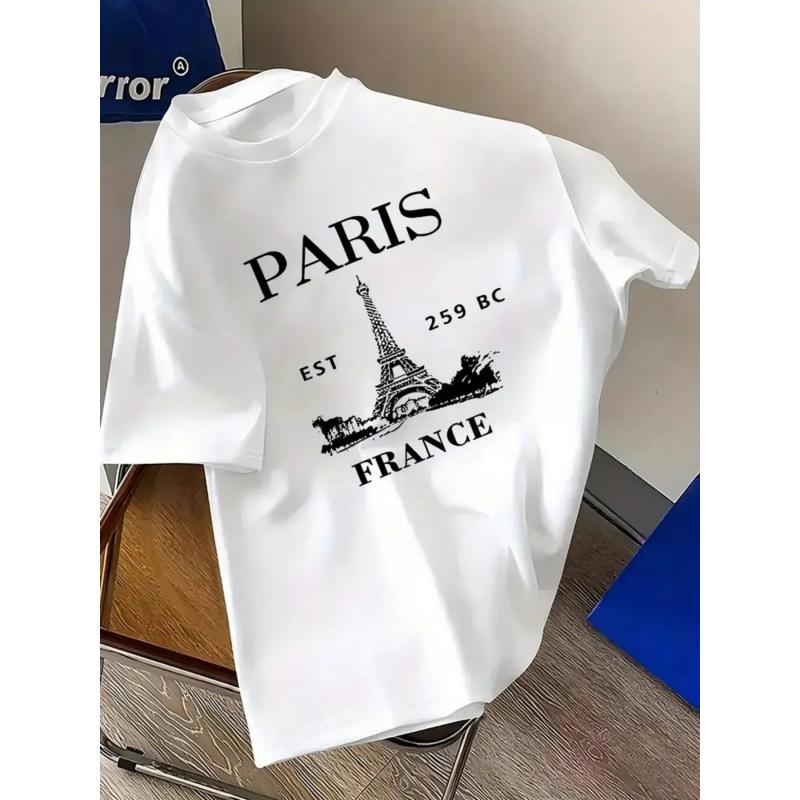 Men'S Vintage Paris Graphic T-Shirt - Eiffel Tower & Paris Text Design, Loose Fit Crew Neck Tee, Breathable Everyday Shirt for Casual & Formal