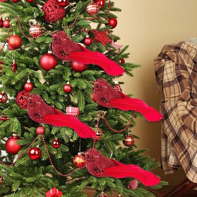 12pçs pássaros artificiais de árvore de natal, clipe vermelho, penas de espuma artificial, ornamento de árvore de natal, enfeites de porta