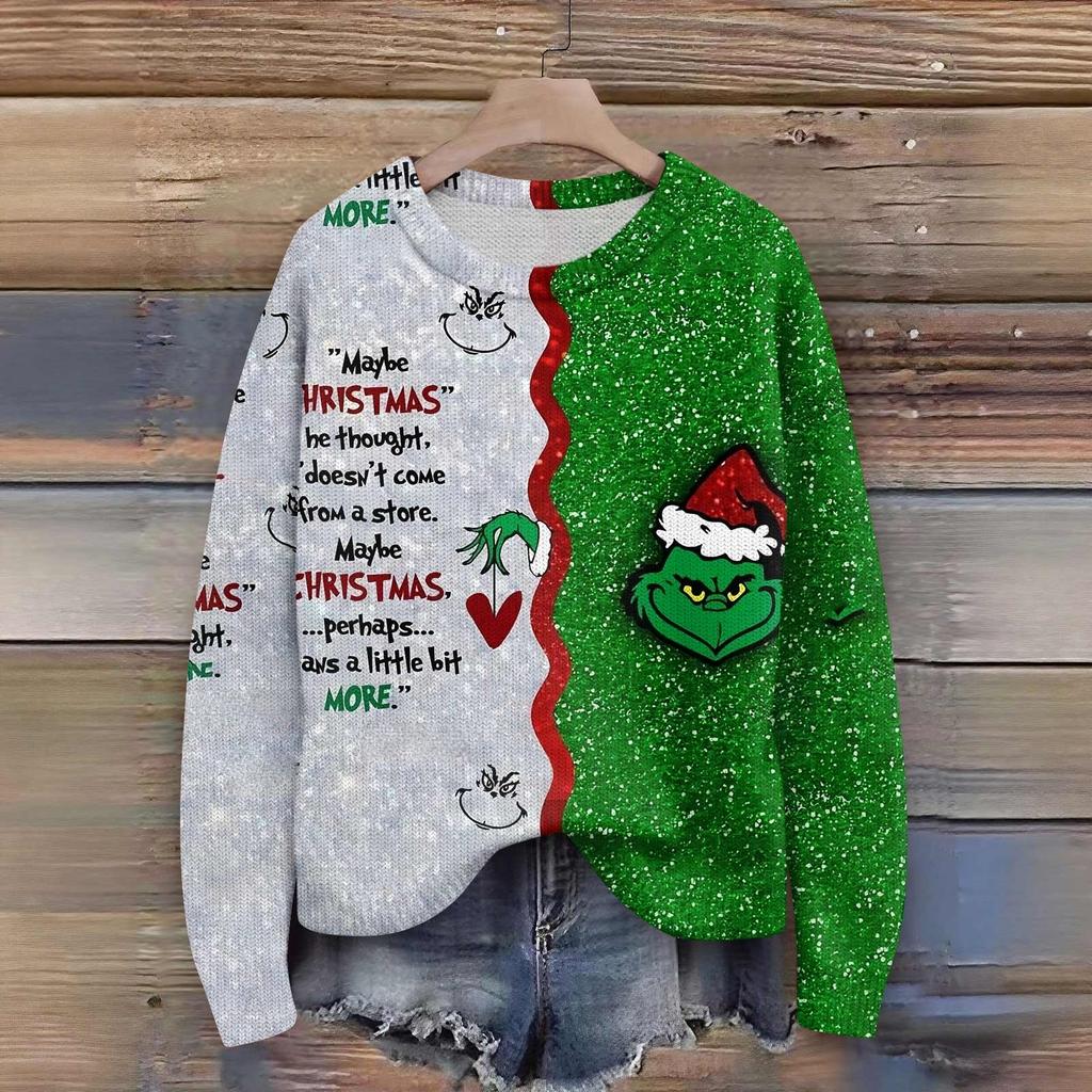 Long Sleeve Pullover Sweaters For Women O Neck Casual Cute Printing Knit Oversized Sweater