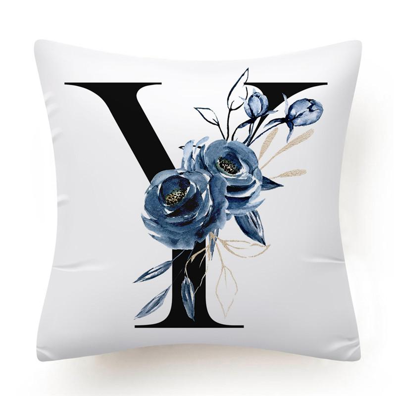 Floral Alphabet Cushion Cover 45x45 Blue Flowers Pillowcase Decorative Sofa Cushions Throw Pillows  Home Decor Pillow Cases
