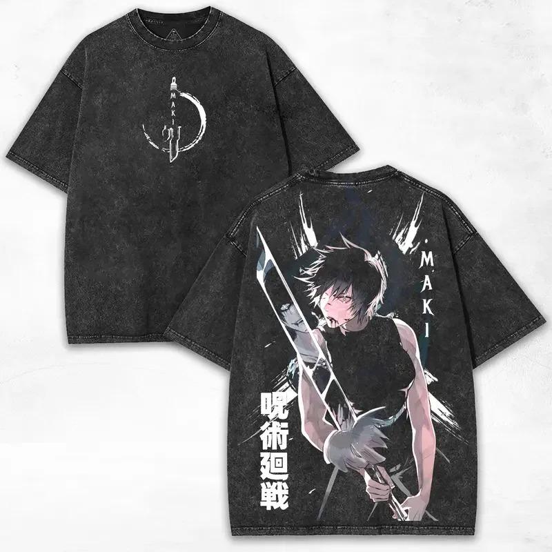 Zenin Maki Print T-shirt Anime Jujutsu Kaisen Tops Men Women Cotton Tshirts Retro Washed T Shirt Harajuku Casual Loose Clothing