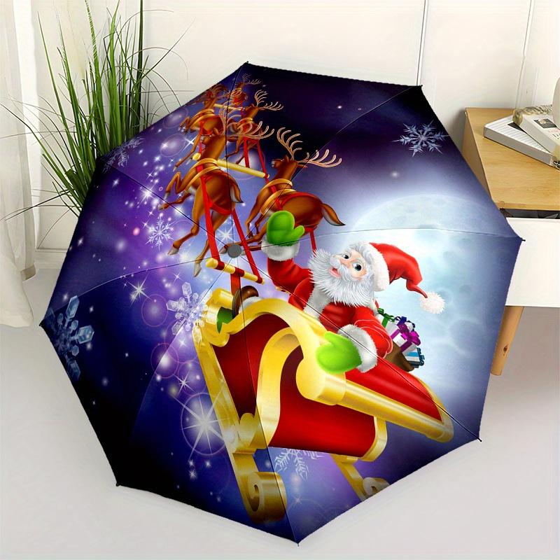 Santa Claus Christmas Sleigh Reindeer Decorative StickerUmbrella, Portable 3-Fold Compact Umbrella,Christmas Gift ES413