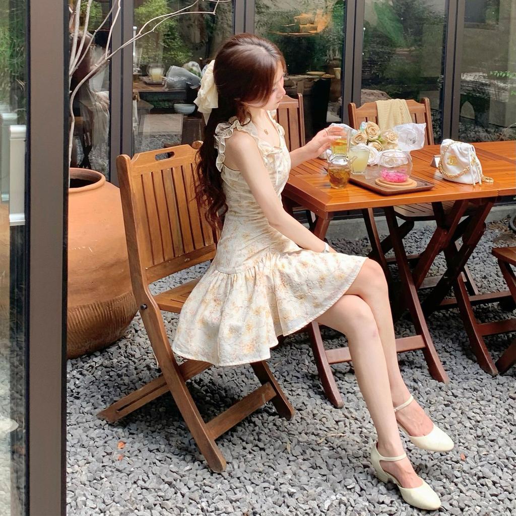 New summer French temperament fashion romantic bow small floral short suspender dress